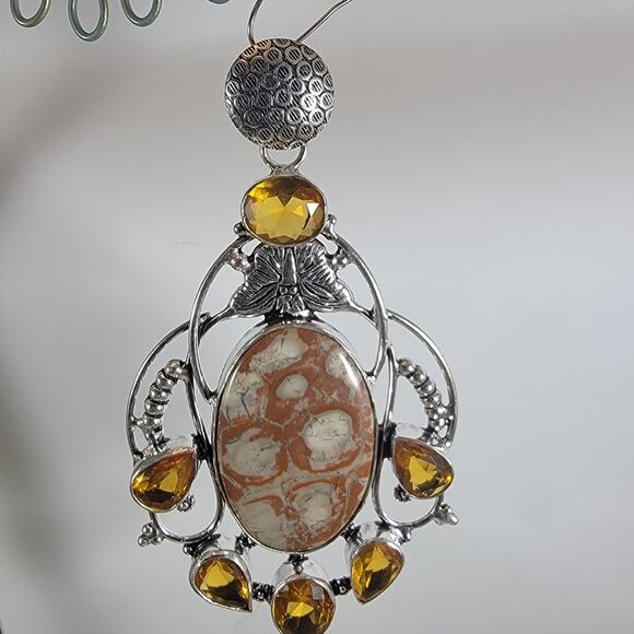 Leopard Jasper Pendant Necklace – With Citrine Accents + 20" Silver Chain - Picture 2 of 10